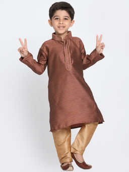 Vastramay - Boys Maroon And Rose Gold Silk Blend Kurta With Pyjama (Set of 2)