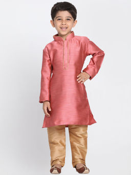 Vastramay - Boys Bubble Gum Pink And Rose Gold Silk Blend Kurta With Pyjama (Set of 2)