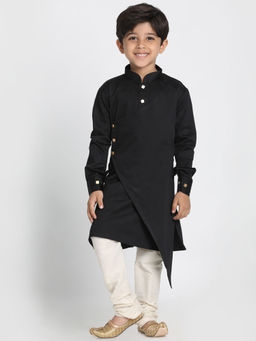 Vastramay - Boys Black And Cream Cotton Satin Blend Kurta With Pyjama (Set of 2)