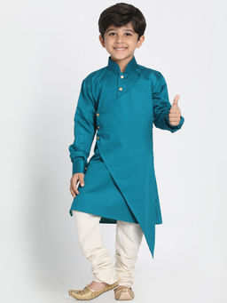 Vastramay - Boys Rama And Cream Cotton Satin Blend Kurta With Pyjama (Set of 2)