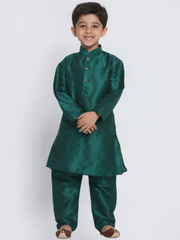 Vastramay - Boys Bottle Green Silk Blend Kurta With Pyjama (Set of 2)