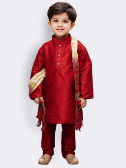 Vastramay - Boys Maroon Silk Blend Kurta Pyjama & Dupatta (Set of 3)
