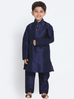 Vastramay - Boys Navy Blue Silk Blend Kurta With Pyjama (Set of 2)