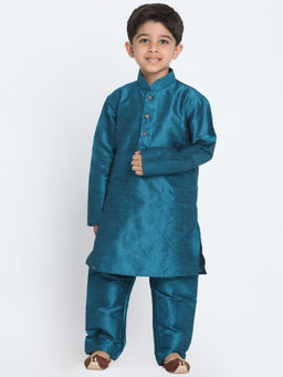 Vastramay - Boys Turquoise Silk Blend Kurta With Pyjama (Set of 2)