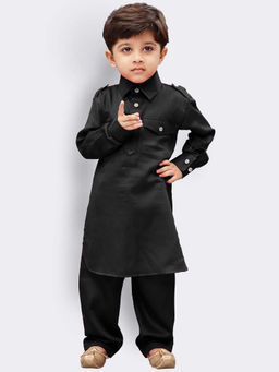 Vastramay - Boys Black Cotton Pathani Kurta With Pyjama (Set of 2)