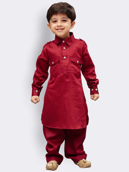 Vastramay - Boys Maroon Cotton Pathani Kurta With Pyjama (Set of 2)