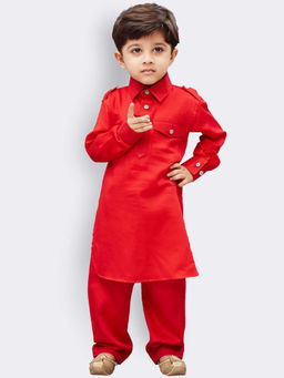 Vastramay - Boys Red Cotton Pathani Kurta With Pyjama (Set of 2)