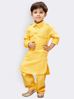 Vastramay - Boys Yellow Cotton Pathani Kurta With Pyjama (Set of 2)