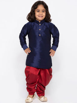 Vastramay - Boys Navy Blue And Maroon Silk Blend Kurta With Dhoti (Set of 2)