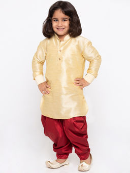 Vastramay - Boys Gold And Maroon Silk Blend Kurta With Dhoti (Set of 2)