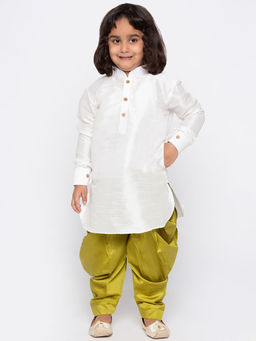 Vastramay - Boys White And Chutney Green Silk Blend Kurta With Dhoti (Set of 2)
