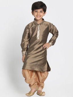 Vastramay - Boys Bronze And Gold Silk Blend Kurta With Dhoti (Set of 2)
