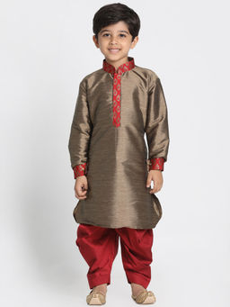 Vastramay - Boys Bronze And Maroon Silk Blend Kurta With Dhoti (Set of 2)