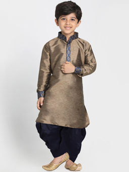 Vastramay - Boys Bronze And Navy Blue Silk Blend Kurta With Dhoti (Set of 2)
