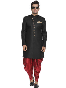 Vastramay - Black Silk Blend Sherwani With Dhoti (Set of 2)