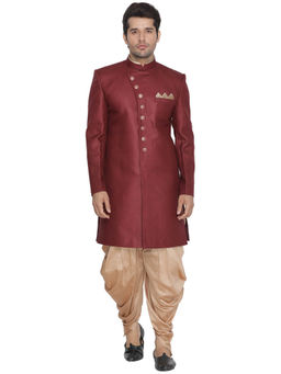 Vastramay - Maroon Silk Blend Sherwani With Dhoti (Set of 2)