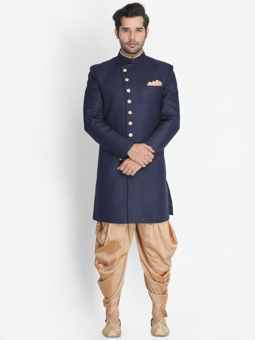 Vastramay Navy Blue Silk Blend Sherwani With Dhoti (Set of 2)