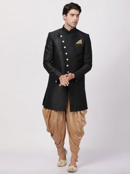 Vastramay - Black Silk Blend Sherwani With Dhoti (Set of 2)