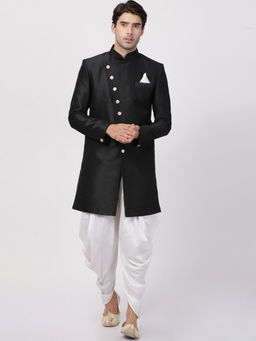 Vastramay - Black Silk Blend Sherwani With Dhoti (Set of 2)