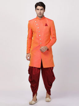 Vastramay - Orange Silk Blend Sherwani With Dhoti (Set of 2)