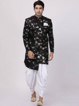 Vastramay - Black Silk Blend Sherwani With Dhoti (Set of 2)