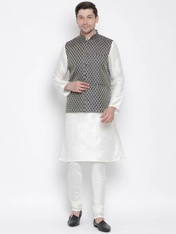 Vastramay - Men's Cream Silk Blend Kurta and Pyjama (Set of 3)
