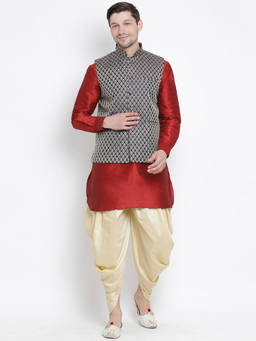 Vastramay - Maroon Silk Blend Ethnic Jacket With Kurta And Dhoti Pant (Set of 3)