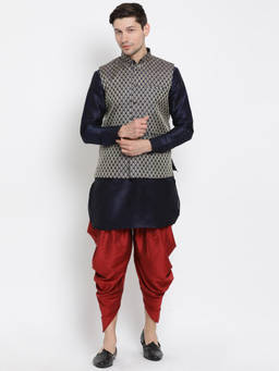 Vastramay - Navy Blue Silk Blend Ethnic Jacket With Kurta And Dhoti Pant (Set of 3)