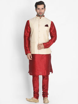 Vastramay - Maroon Silk Blend Kurta With Ethnic Jacket And Churidar (Set of 3)