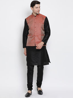 Vastramay - Black Silk Blend Kurta With Ethnic Jacket And Churidar (Set of 3)