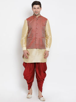 Vastramay - Gold Silk Blend Ethnic Jacket With Kurta And Dhoti Pant (Set of 3)