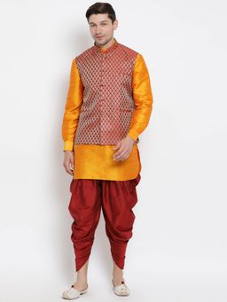 Vastramay - Men's Orange Silk Blend Kurta and Dhoti (Set of 3)