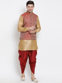 Vastramay - Gold Silk Blend Ethnic Jacket With Kurta And Dhoti Pant (Set of 3)
