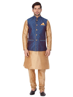 Vastramay - Gold Silk Blend Kurta With Ethnic Jacket And Churidar (Set of 3)