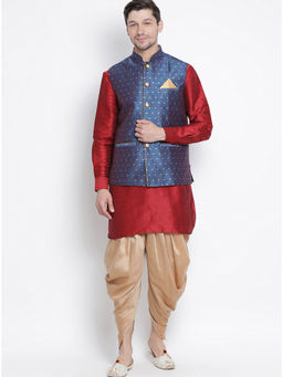 Vastramay - Maroon Silk Blend Ethnic Jacket With Kurta And Dhoti Pant (Set of 3)