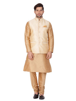 Vastramay - Gold Silk Blend Kurta With Ethnic Jacket And Churidar (Set of 3)