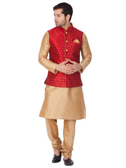 Vastramay - Gold Silk Blend Kurta With Ethnic Jacket And Churidar (Set of 3)