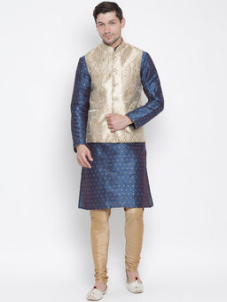 Vastramay - Blue Silk Blend Kurta With Ethnic Jacket And Churidar (Set of 3)