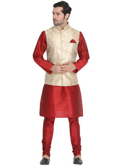 Vastramay - Maroon Silk Blend Kurta With Ethnic Jacket And Churidar (Set of 3)