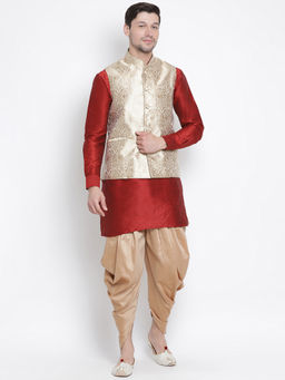 Vastramay - Maroon Silk Blend Ethnic Jacket With Kurta And Dhoti Pant (Set of 3)