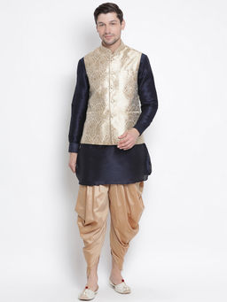 Vastramay - Navy Blue Silk Blend Ethnic Jacket With Kurta And Dhoti Pant (Set of 3)