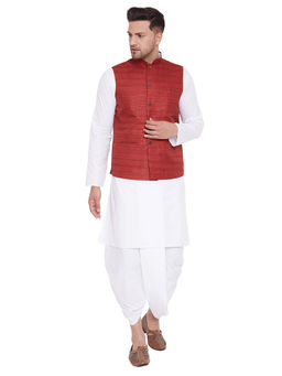 Vastramay - Men's Maroon And White Cotton Blend Jacket, Kurta And Dhoti - (set Of 3)