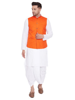 Vastramay - Men's Orange And White Cotton Blend Jacket, Kurta And Dhoti - (set Of 3)