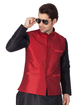 Vastramay - Maroon Silk Blend Ethnic Jacket