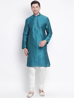 Vastramay - Men's Turquoise Silk Blend Kurta and Pyjama (Set of 2)