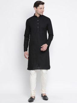 Vastramay - Black Cotton Linen Blend Kurta And Churidar (Set of 2)