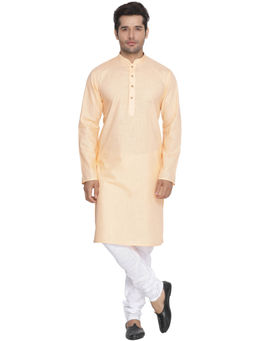 Vastramay - Beige Cotton Linen Blend Kurta And Churidar (Set of 2)