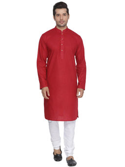 Vastramay - Maroon Cotton Linen Blend Kurta And Churidar (Set of 2)