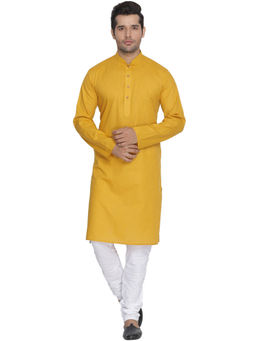 Vastramay - Mustard Cotton Linen Blend Kurta And Churidar (Set of 2)