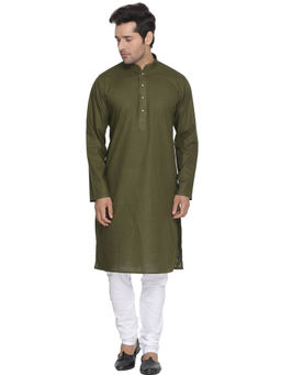 Vastramay - Green Cotton Linen Blend Kurta And Churidar (Set of 2)
